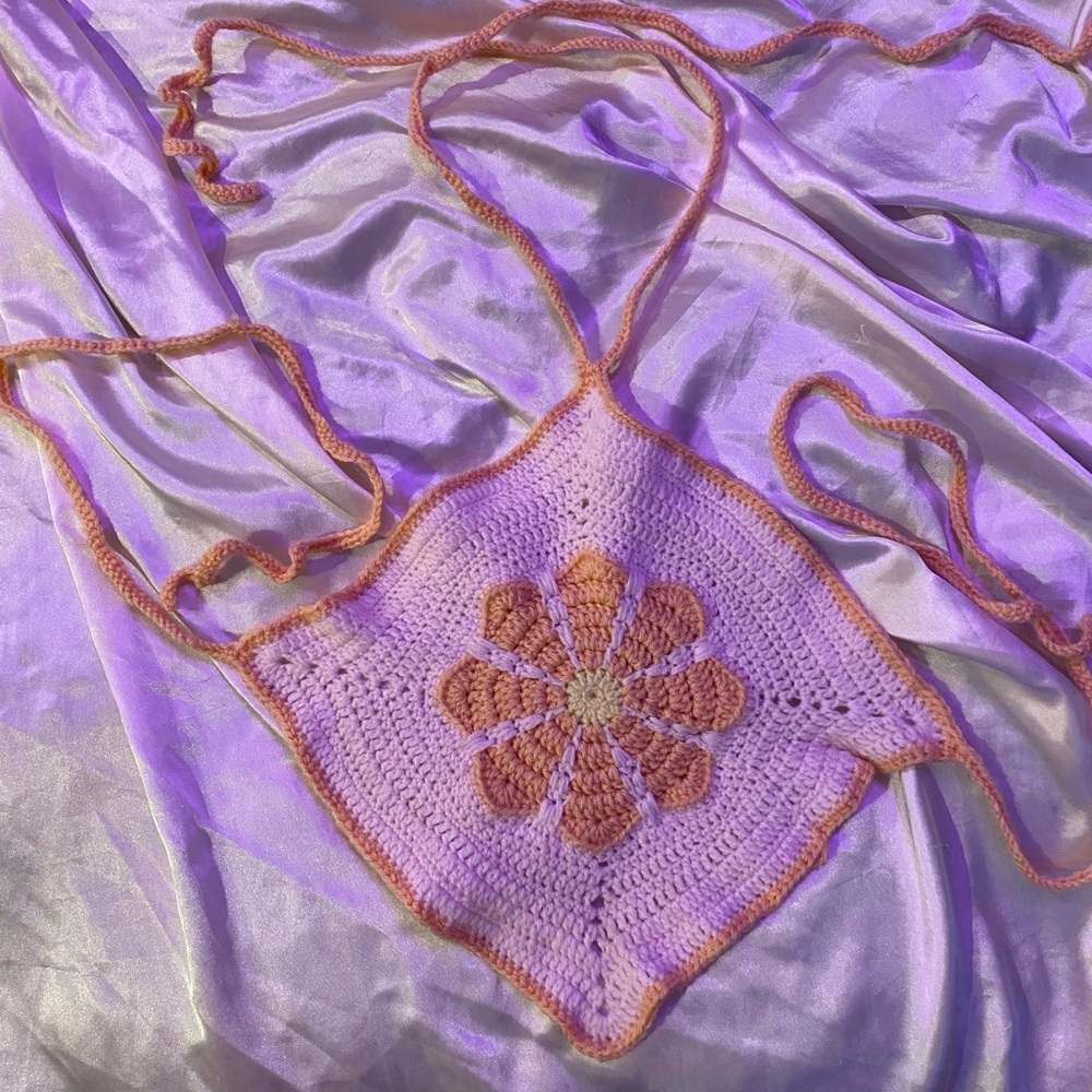 Hand crocheted Pink and Orange groovy flower top